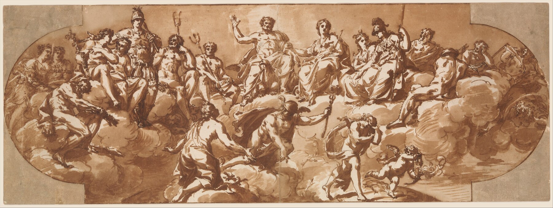 A panoramic drawing of the gods gathered in council, seated among clouds and gesturing in debate