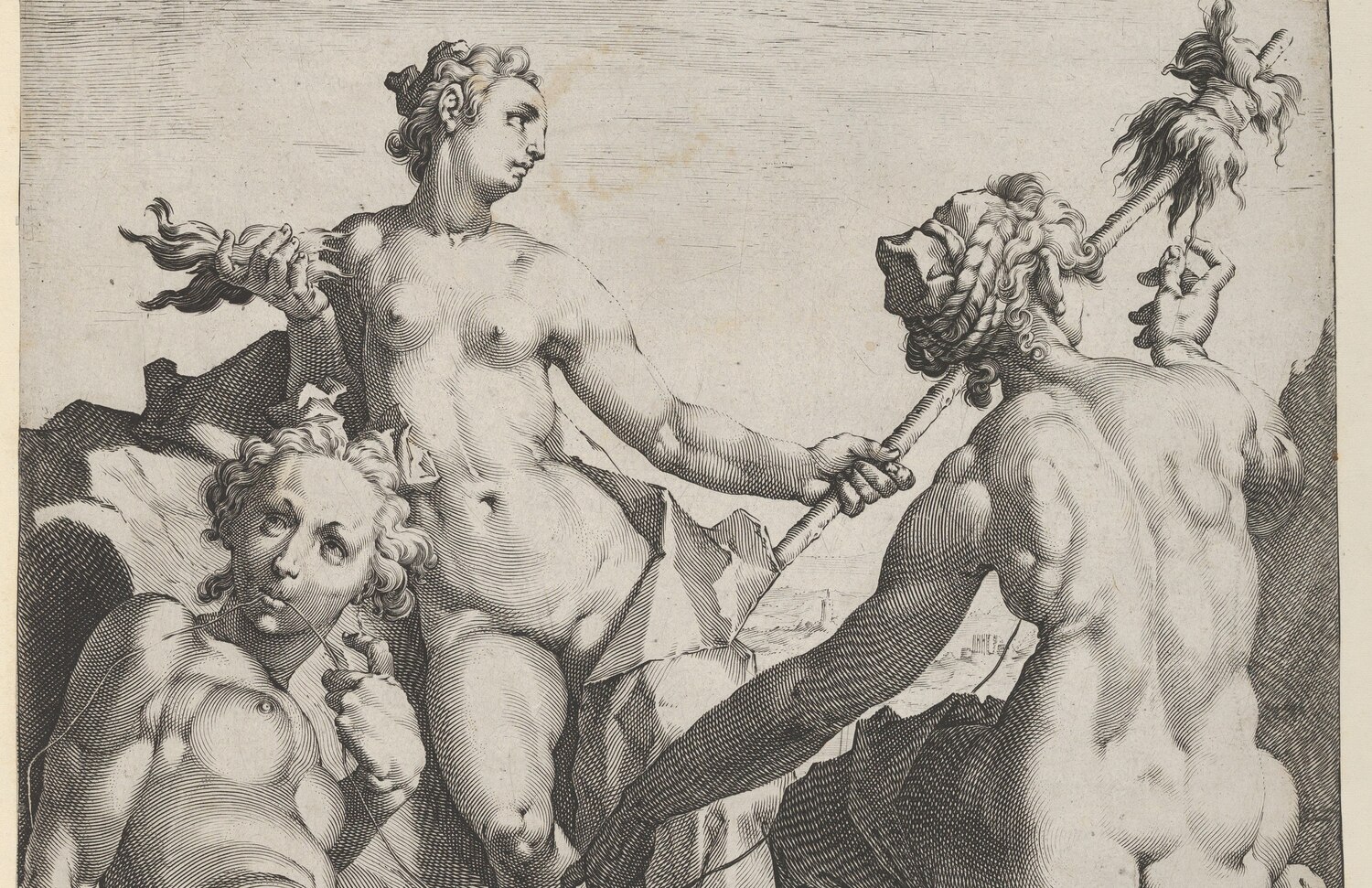 An engraving of Clotho, Lachesis and Atropos, the three Fates, gathered with the thread of life