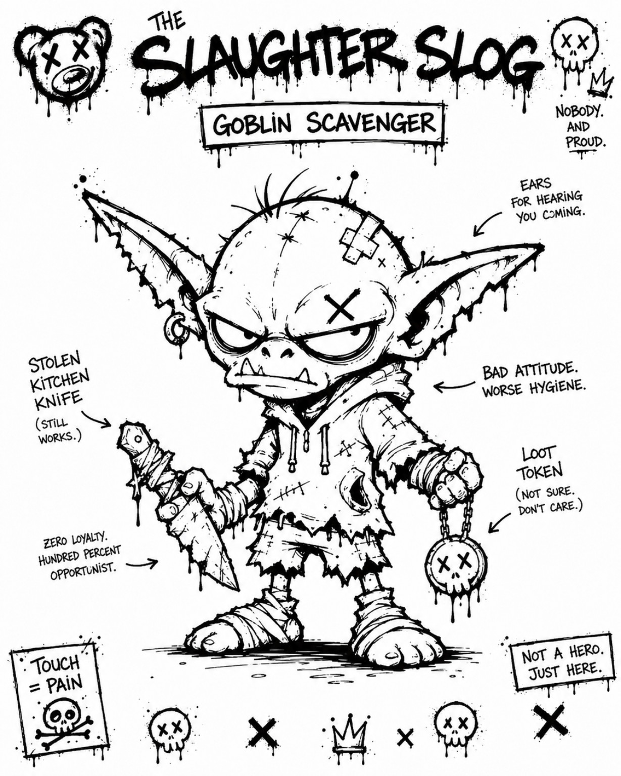 Black-and-white Goblin Scavenger character with a stolen kitchen knife, poor hygiene and no heroic intentions
